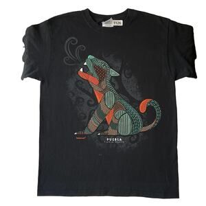 Karani.art Men Shirt MEDIUM Black Graphic Print Jaguar Puebla Short Sleeve